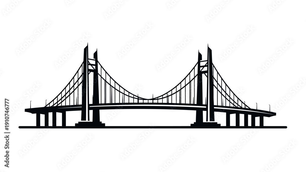 Fototapeta premium Suspension Bridge Silhouette Simple Design Illustration.