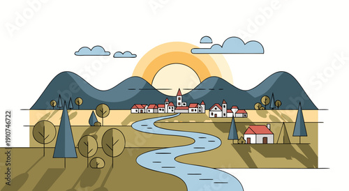 Vector illustration of a serene landscape with a village, river, and mountains during sunset