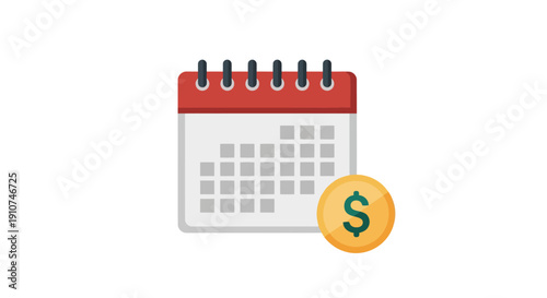 Red and White Calendar with Gold Dollar Coin Symbol.