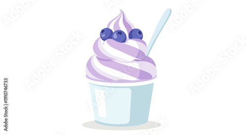 Swirled Blueberry Soft Serve Ice Cream in a Cup with Spoon.