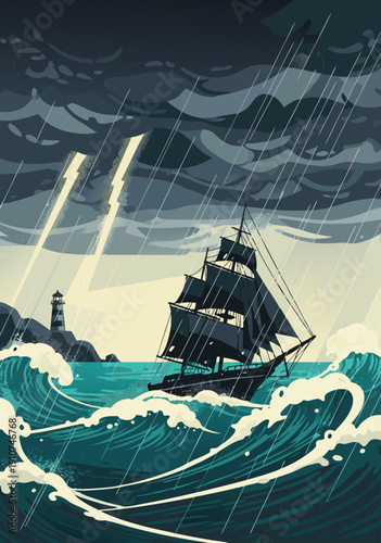 Stormy Seas An Epic Vector Illustration of a Tall Ship Battling Rough Waves with a Lighthouse in the Distance