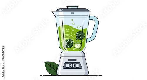 Modern Electric Blender with Green Smoothie and Ingredients.