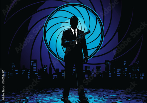 Classic spy vector illustration of a man in a suit holding a pistol in front of a spinning aperture and city skyline at night