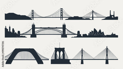 Collection of Various Bridge Silhouettes and Illustrations.