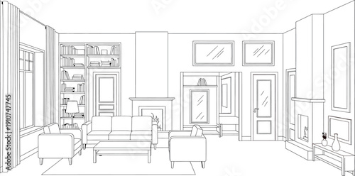 A black and white architectural sketch of a room interior isolated on transparent background