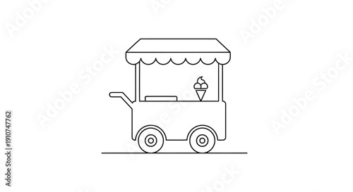 Ice Cream Pushcart Line Art - Minimalist Dessert Cart Vector