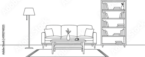 A black and white sketch of a living room with sofa coffee table floor lamp and bookshelf isolated on transparent background