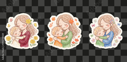 Mother Child Sticker Collection Hand Drawn Crayon Texture Illustrations of Loving Family Hug Emblems