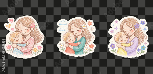Mother Child Vector Sticker Set Hand Drawn Crayon Texture Watercolor Style Soft Pastel Colors Isolated Art.