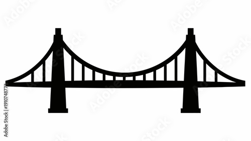 Suspension Bridge Silhouette Against White Background.