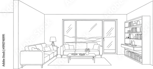 A black and white sketch of a bedroom interior isolated on transparent background