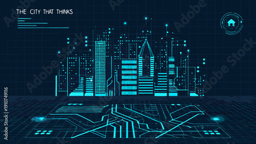 Futuristic cityscape illustration with glowing blue neon lines and digital networks