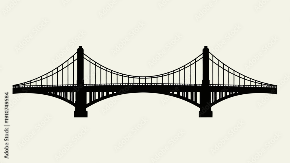 Fototapeta premium Suspension Bridge Silhouette Against White Background.