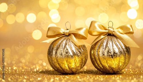 Golden Christmas Ornaments with Ribbons on Sparkling Background Holiday Season Decorations Festive and Elegant Still Life.