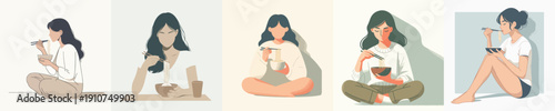 Vector Illustration of a Woman Eating Noodles