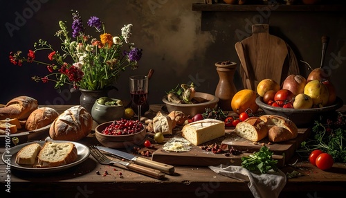 Abundant Harvest - A Still Life of Food and Flowers.