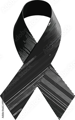 Black awareness ribbon graphic design symbolizes mourning, remembrance, and solidarity against serious causes.