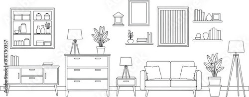 A black and white sketch of a living room with furniture isolated on transparent background