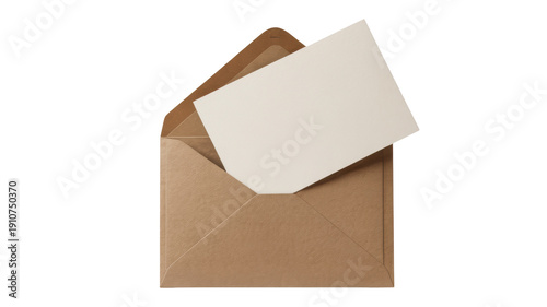 Brown envelope with blank white card emerging, symbolizing communication