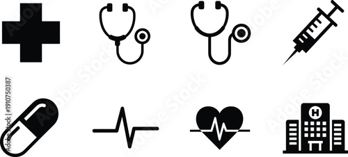 Black and white medical including cross stethoscope syringe medical black and white, cross, stethoscope, syringe, pill, heartbeat, hospital building, heart, medical symbols, healthcare, medicine, styl