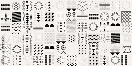 Abstract black and white geometric patterns densely arranged across the frame