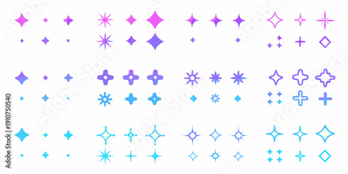 Collection of colorful starbursts sparkles and diamond shapes on white