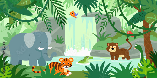 A vibrant jungle scene featuring animals near a waterfall and lush foliage