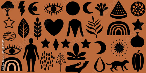 Collection of mystical symbols and natural forms in dark silhouette