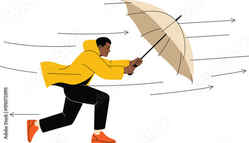 Vector illustration of person in yellow raincoat running against strong wind with umbrella, dynamic weather design showing struggle, resistance, movement, storm elements