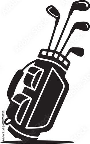 Classic black and white golf bag with an assortment of golf clubs ready for the course
