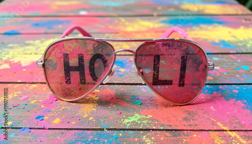 Holi color powder on sunglasses. Organic Gulal colours on eyeglasses for Holi festival, Hindu tradition festive