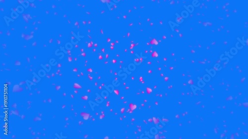 Pink heart shapes being lit up and falling down on blue background. Abstract background for Happy Valentine's day and wedding ceremony.