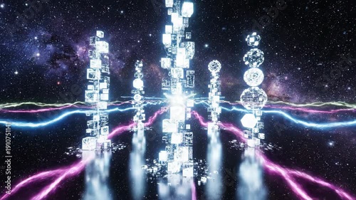 Cosmic energy portal with glowing light beams in deep space