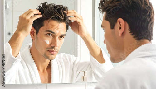 Man in bathrobe styling hair in front of mirror.