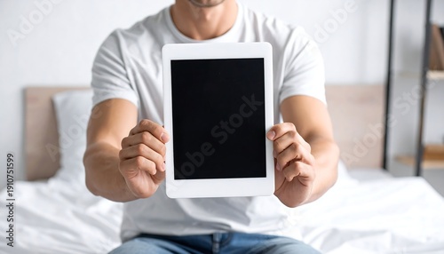 Man displaying a tablet with a blank screen in a bedroom setting.