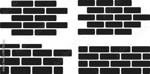 Vector illustration featuring four distinct brick wall patterns in grid layout, showcasing staggered masonry designs, architectural construction styles, geometric texture, and building elements