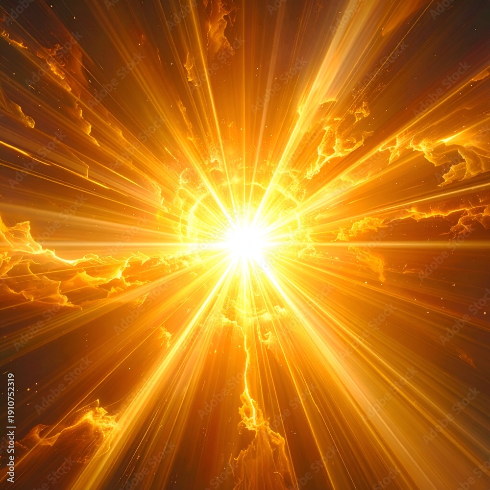 Obraz premium Radiant Light Burst - A Symphony of Golden Rays and Celestial Clouds.