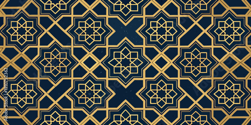 Elegant gold geometric pattern on dark blue background for background, textile, and banner