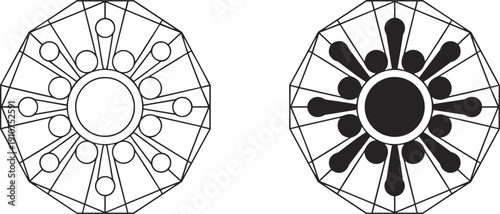 Vector illustration featuring two intricate circular geometric designs with radial symmetry, concentric circles, teardrop extensions, abstract modern minimal pattern art elements