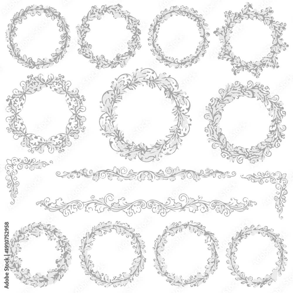 Obraz premium Set of Hand Drawn Floral Vector Wreaths, Frames, and Decorative Borders
