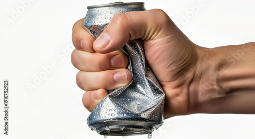Hand Crushing a Dripping Aluminum Soda Can with Water Droplets and Condensation