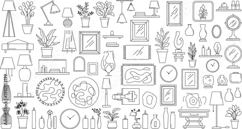 Black and white line drawings of various objects isolated on transparent background