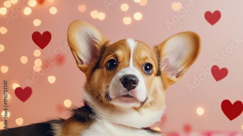Wallpaper Mural A cute corgi puppy looks curiously with heart shapes and warm bokeh lights in the background, creating a cozy and loving atmosphere. Torontodigital.ca