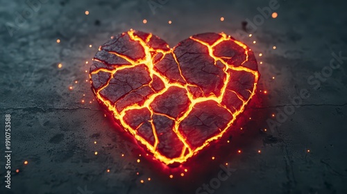 Wallpaper Mural A glowing, cracked heart-shaped rock radiates molten lava heat against a dark, textured surface with small sparks floating around it. Torontodigital.ca