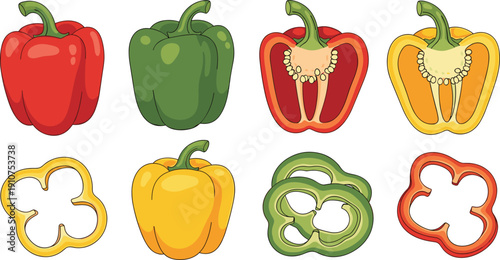 Set of flat vector illustrations featuring colorful red green and yellow bell peppers whole halved and sliced into rings