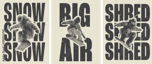 Snowboard big air and shred grunge halftone winter sports typography poster set
