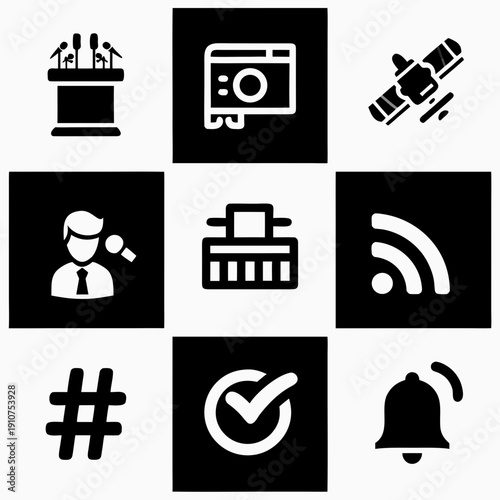 Nine black icons depicting various communication legal and technology concepts arranged in a grid high quality