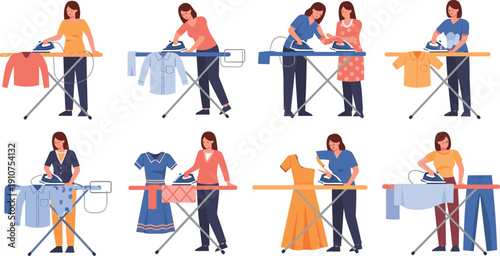 Women ironing clothes on boards set with domestic housework activities and laundry service flat vector illustration isolated on white