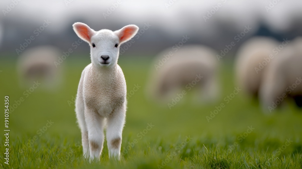 Obraz premium A playful lamb stands in a vibrant green field, surrounded by other sheep in the background. The image captures the innocence of youth and the beauty of nature. Ideal for farm and animal lovers. AI