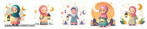vector little muslim girl standing holding ramadan lantern